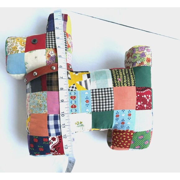 Vintage 1950s Handmade Patchwork Quilt Scottie Dog w Collar Pillow 14X14 Stuffie - Picture 6 of 10